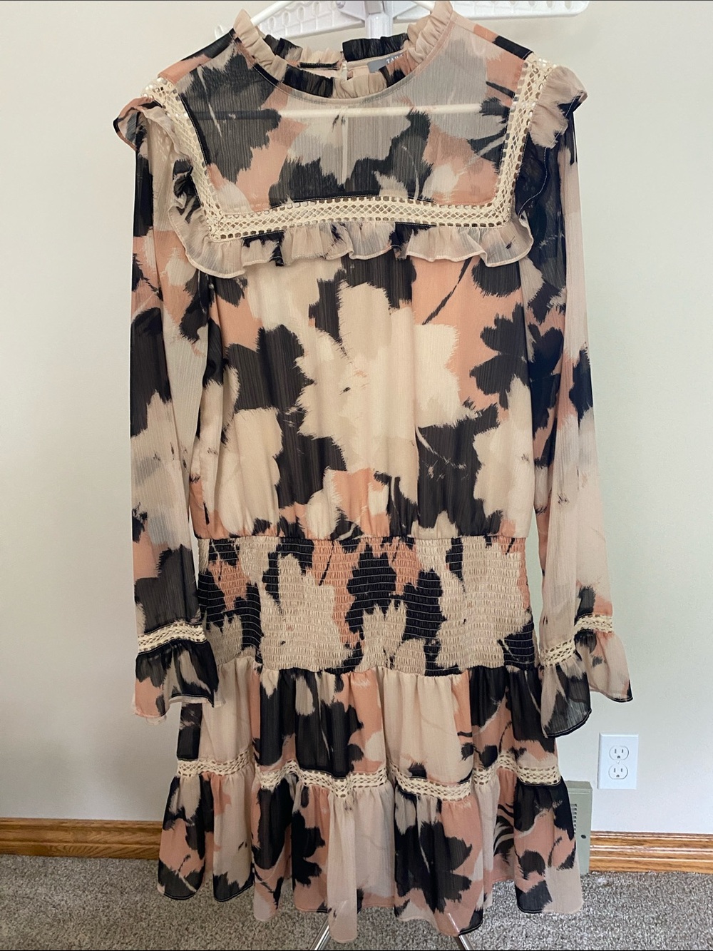 Tart Long Sleeve Floral Ruffle Midi Dress in Blush, Black and Cream
